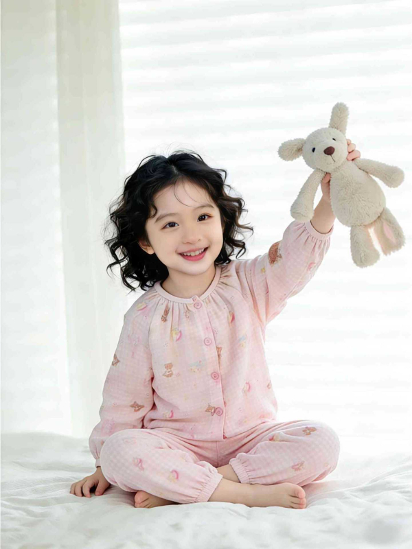 Set de pijamale de vară pentru copii, din bumbac muselină, cu imprimeu drăguț, croială lejeră și respirabilă, top cu mânecă lungă și pantaloni lungi