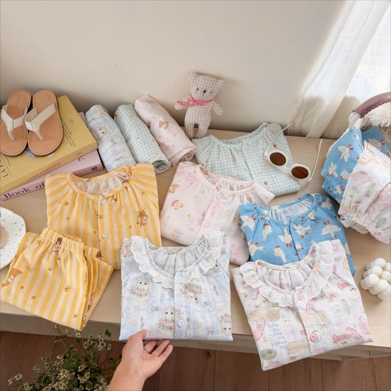 Set de pijamale de vară pentru copii, din bumbac muselină, cu imprimeu drăguț, croială lejeră și respirabilă, top cu mânecă lungă și pantaloni lungi