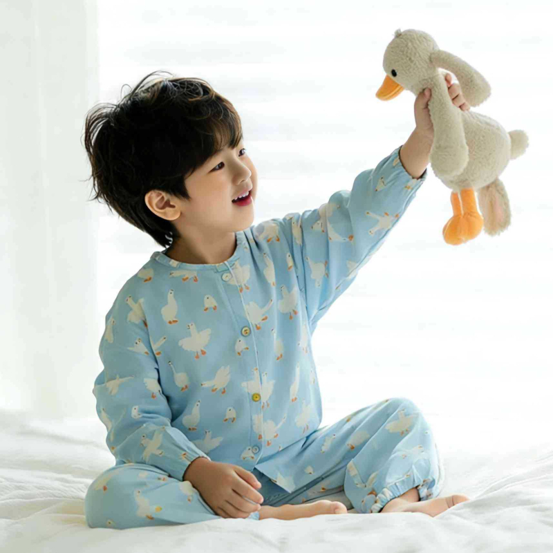 Set de pijamale de vară pentru copii, din bumbac muselină, cu imprimeu drăguț, croială lejeră și respirabilă, top cu mânecă lungă și pantaloni lungi