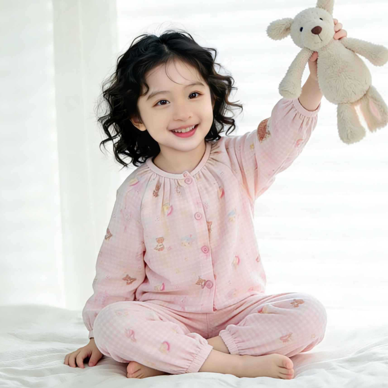 Set de pijamale de vară pentru copii, din bumbac muselină, cu imprimeu drăguț, croială lejeră și respirabilă, top cu mânecă lungă și pantaloni lungi