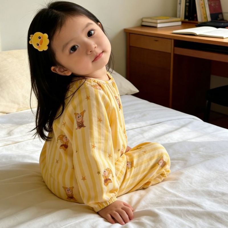 Set de pijamale de vară pentru copii, din bumbac muselină, cu imprimeu drăguț, croială lejeră și respirabilă, top cu mânecă lungă și pantaloni lungi