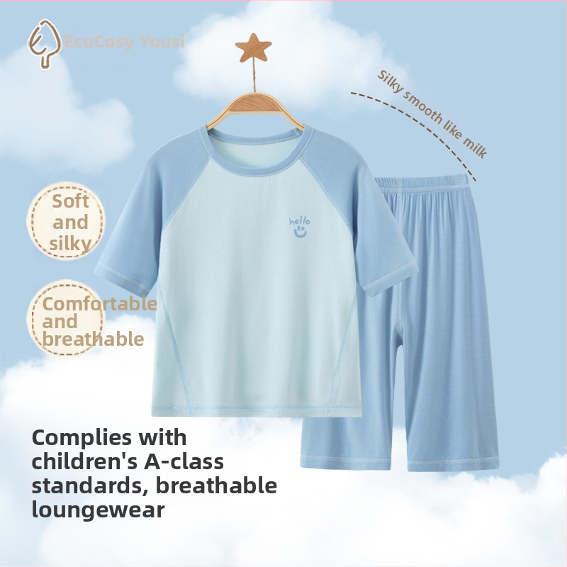 Set pijamale pentru copii din modal, cu ice-silk, vară, mâneci scurte, unisex