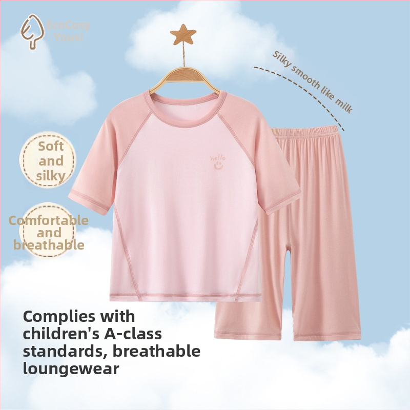 Set pijamale pentru copii din modal, cu ice-silk, vară, mâneci scurte, unisex