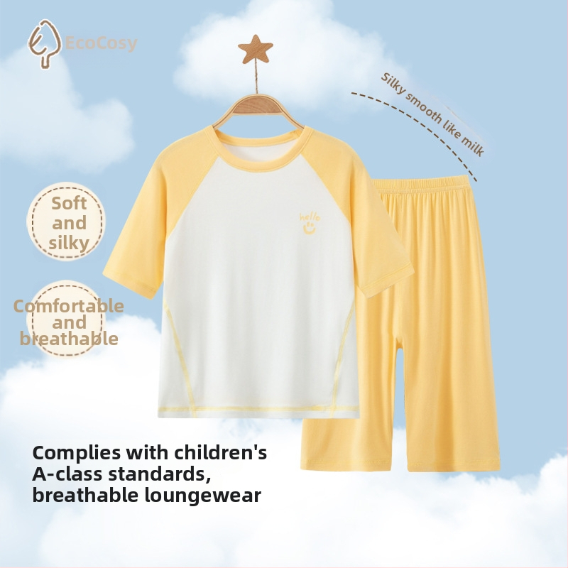 Set pijamale pentru copii din modal, cu ice-silk, vară, mâneci scurte, unisex