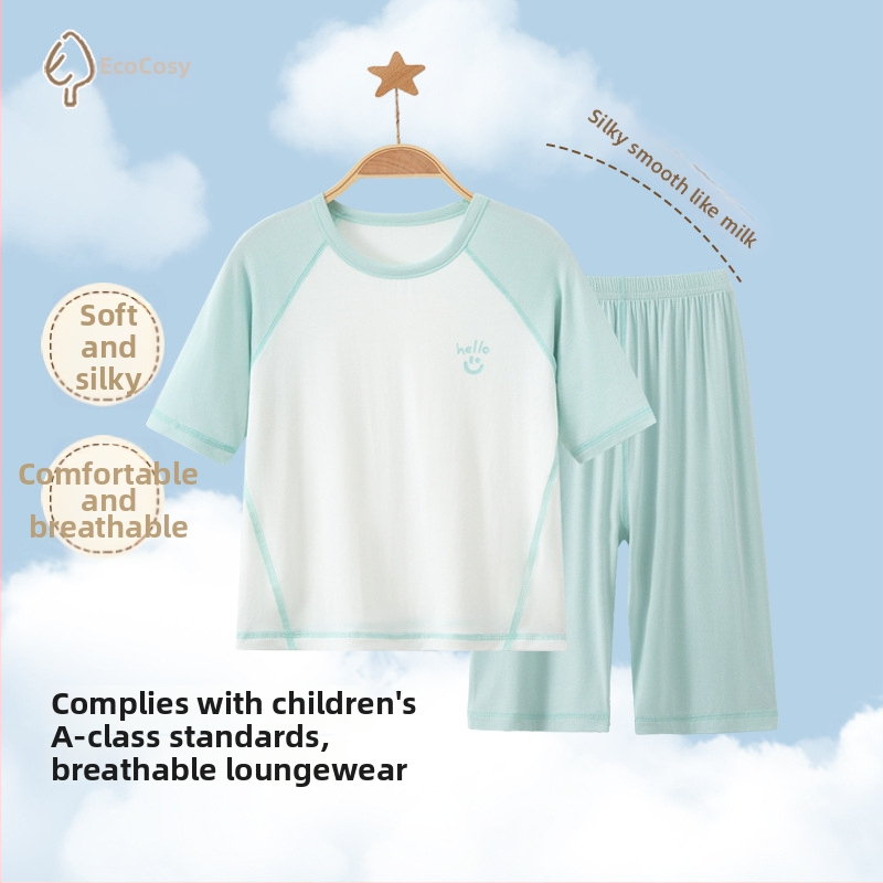 Set pijamale pentru copii din modal, cu ice-silk, vară, mâneci scurte, unisex