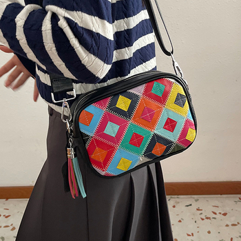 Geantă de umăr din piele naturală pentru femei, cu quilting diamantat, mică, în contrast de culori