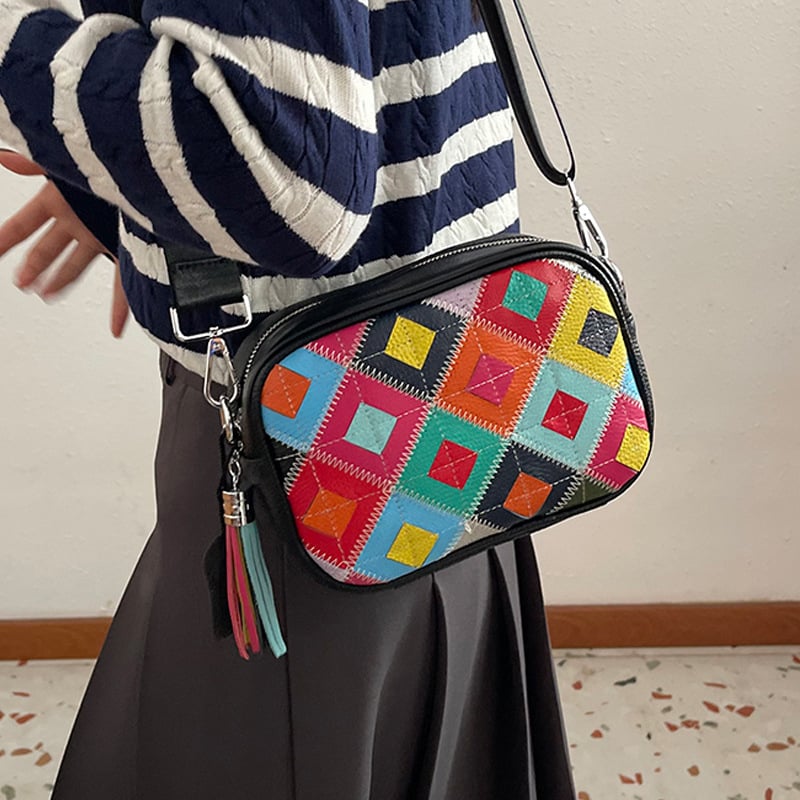 Geantă de umăr din piele naturală pentru femei, cu quilting diamantat, mică, în contrast de culori