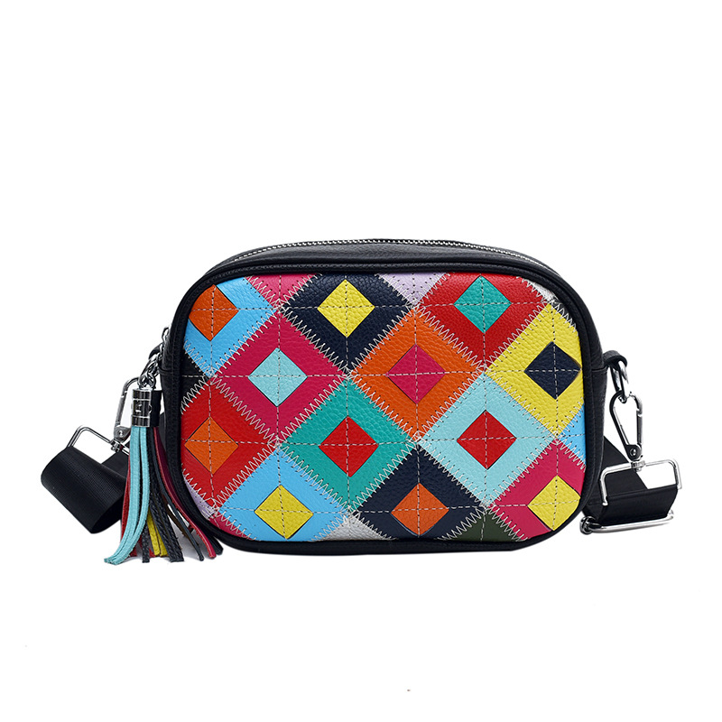 Geantă de umăr din piele naturală pentru femei, cu quilting diamantat, mică, în contrast de culori