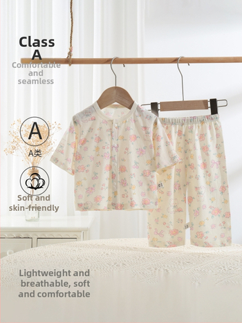 Set de vară pentru copii din bumbac 100%, două piese, unisex, cardigan subțire și pijama, Clasa A