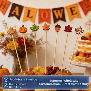 Frigărui de fructe cu design în formă de frunze, con de pin și dovleac; bețișoare de bambus de unică folosință, clasă alimentară, 13,5 cm, 100 bucăți în pachet