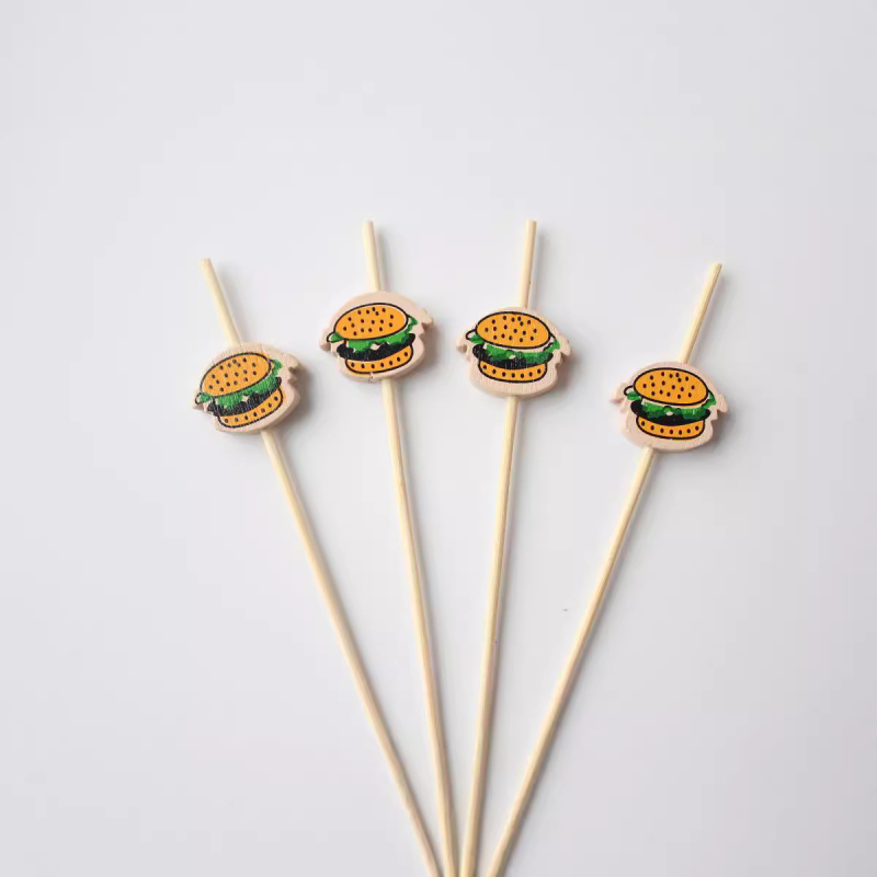 Frigărui de unică folosință din bambus pentru cocktailuri, cu design hamburger și ursuleț desen animat, 100 buc./pungă