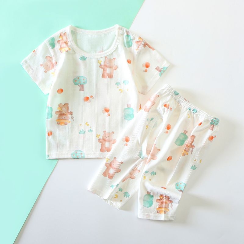 Set de vară din bumbac pentru bebeluși: tricou cu mânecă scurtă și pantaloni până la gleznă, respirabil, unisex, din două piese