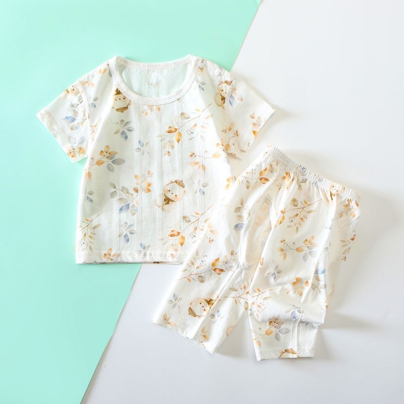 Set de vară din bumbac pentru bebeluși: tricou cu mânecă scurtă și pantaloni până la gleznă, respirabil, unisex, din două piese
