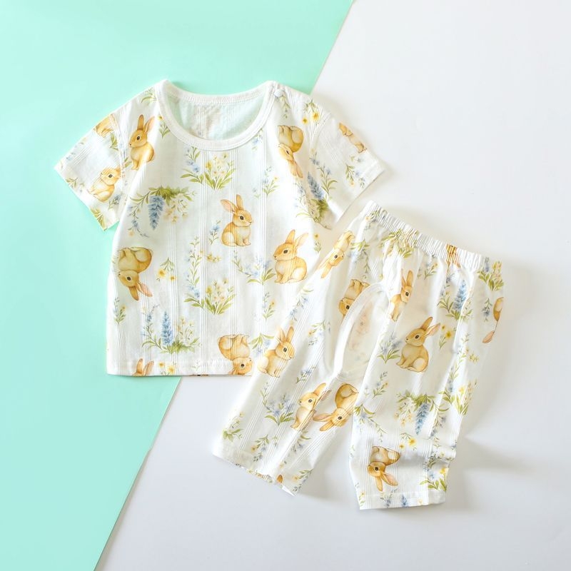 Set de vară din bumbac pentru bebeluși: tricou cu mânecă scurtă și pantaloni până la gleznă, respirabil, unisex, din două piese