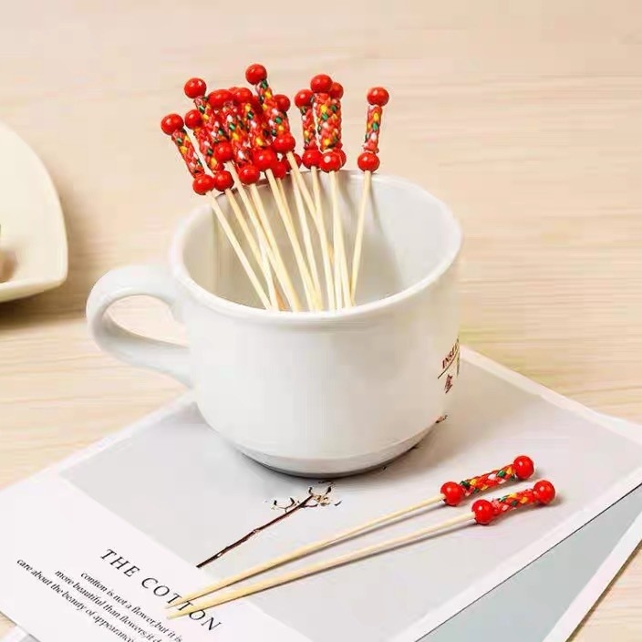 Bețișoare de fructe de unică folosință cu perle duble, 100 bucăți, roșu și galben, bețișoare de cocktail pentru fructe și platouri reci