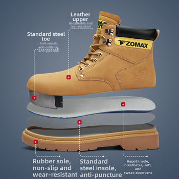 Pantofi de protecție pentru muncă, cu talpă galbenă și vârf din oțel, protecție anti-șoc și anti-penetrare, PU piele sintetică
