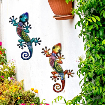 Gecko metalic 2D, decor de perete pentru exterior, pentru a fi agățat pe gardul din curte