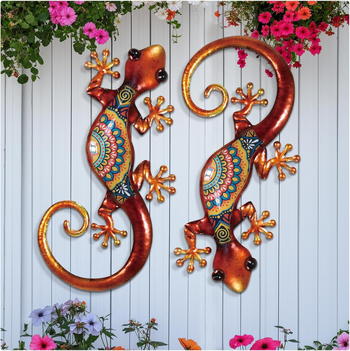 Gecko metalic 2D, decor de perete pentru exterior, pentru a fi agățat pe gardul din curte