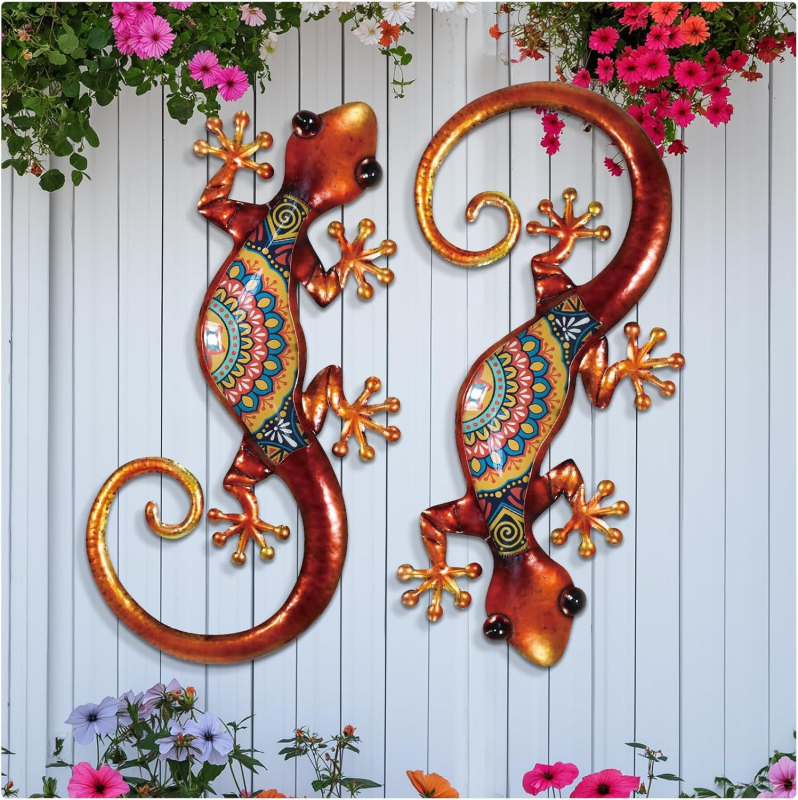 Gecko metalic 2D, decor de perete pentru exterior, pentru a fi agățat pe gardul din curte