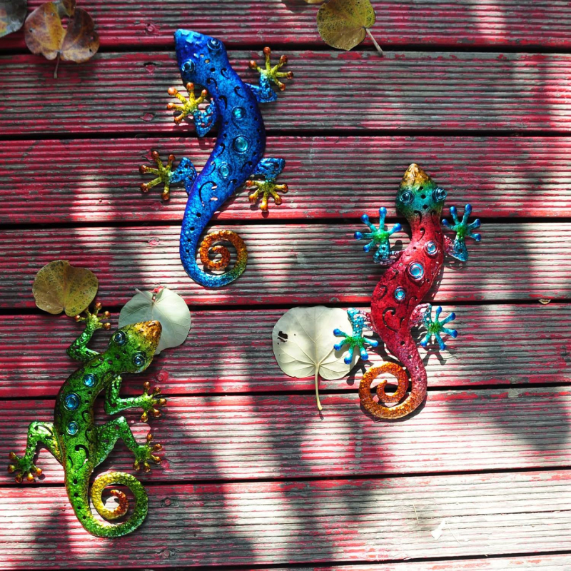 Gecko metalic 2D, decor de perete pentru exterior, pentru a fi agățat pe gardul din curte
