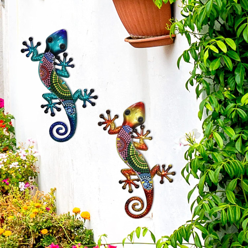 Gecko metalic 2D, decor de perete pentru exterior, pentru a fi agățat pe gardul din curte