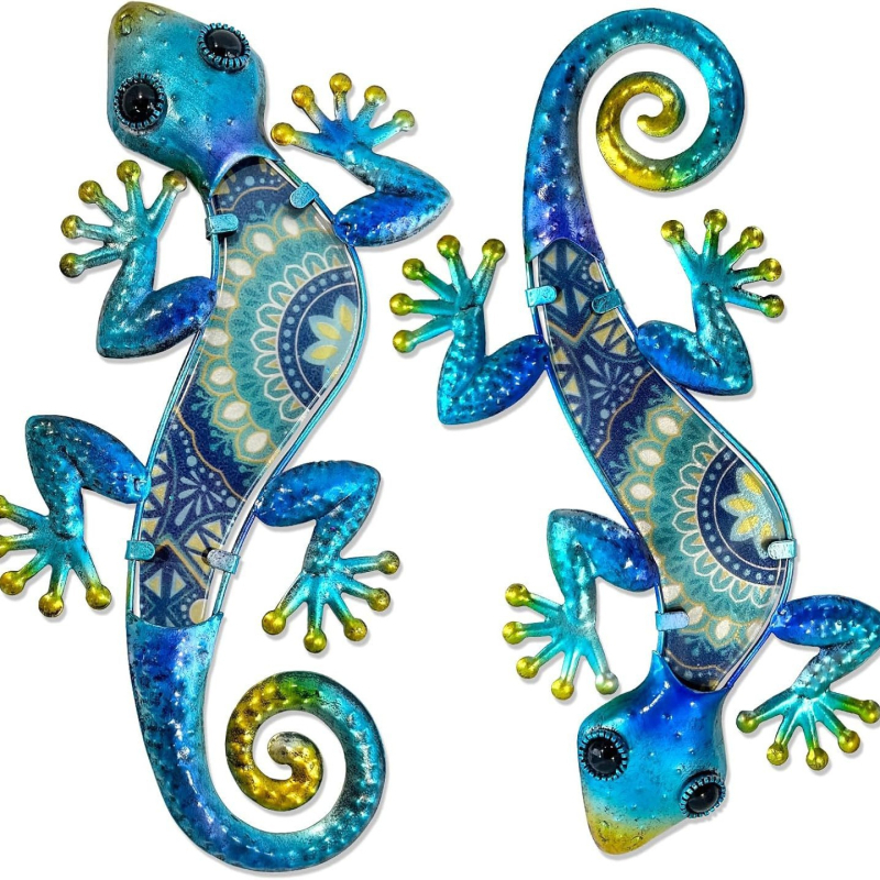 Gecko metalic 2D, decor de perete pentru exterior, pentru a fi agățat pe gardul din curte