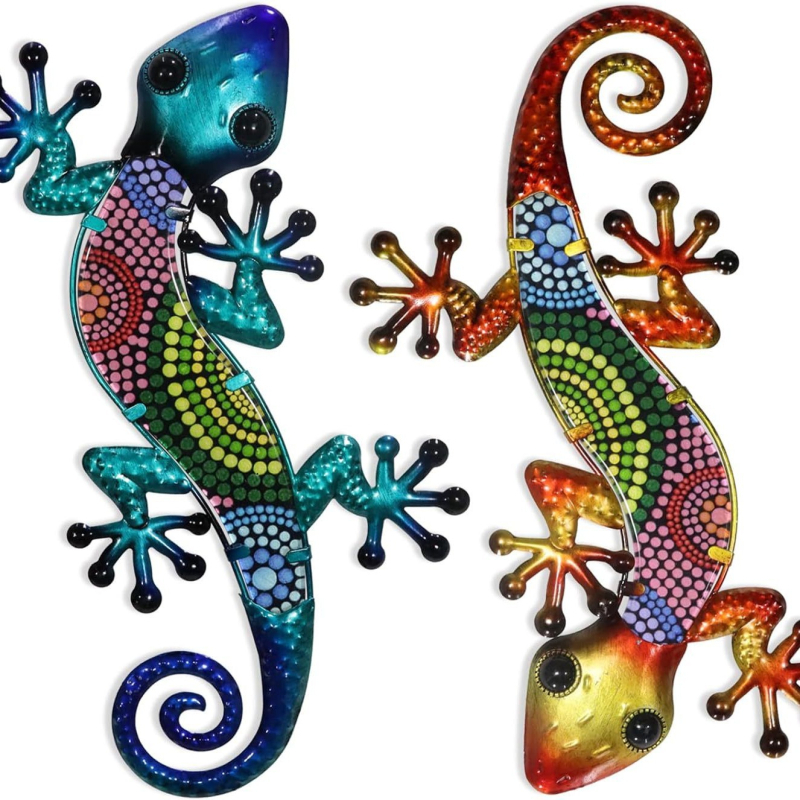Gecko metalic 2D, decor de perete pentru exterior, pentru a fi agățat pe gardul din curte
