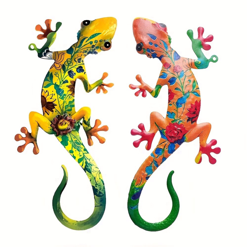 Gecko metalic 2D, decor de perete pentru exterior, pentru a fi agățat pe gardul din curte