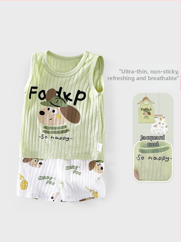Dohikka Set de vară pentru bebeluși din două piese – bumbac 100%, top fără mâneci și pantaloni 3/4, imprimeu desen animat, pentru copii 1–3 ani