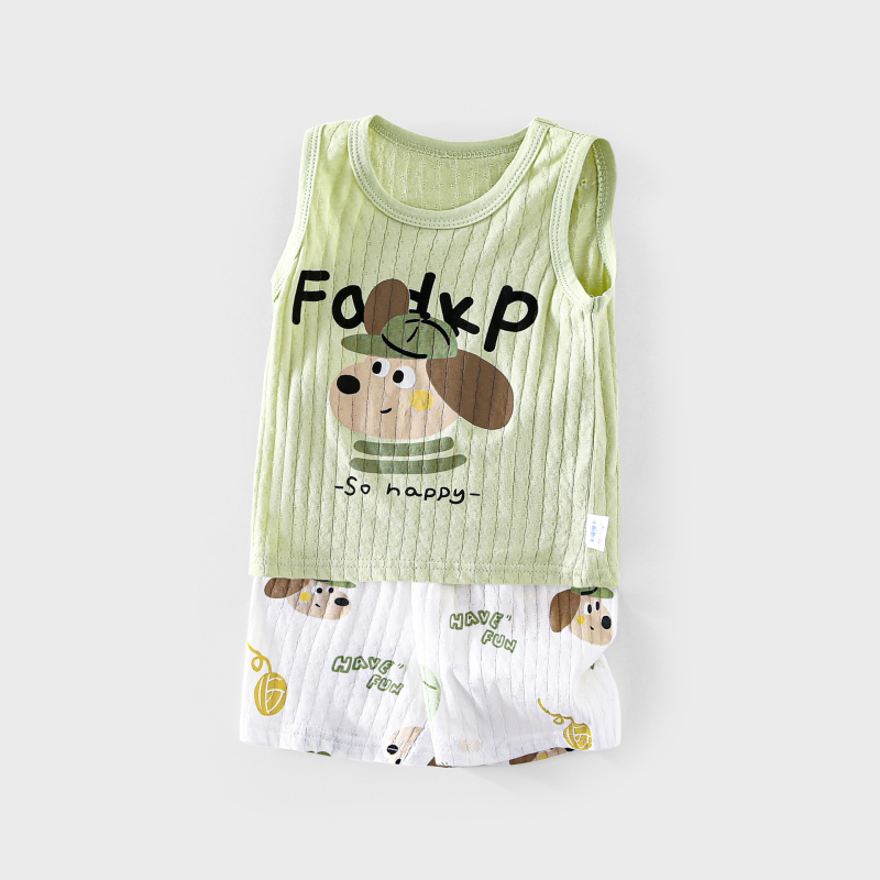 Dohikka Set de vară pentru bebeluși din două piese – bumbac 100%, top fără mâneci și pantaloni 3/4, imprimeu desen animat, pentru copii 1–3 ani