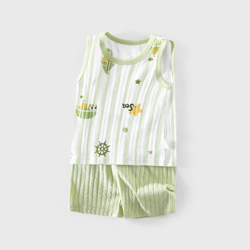 Dohikka Set de vară pentru bebeluși din două piese – bumbac 100%, top fără mâneci și pantaloni 3/4, imprimeu desen animat, pentru copii 1–3 ani