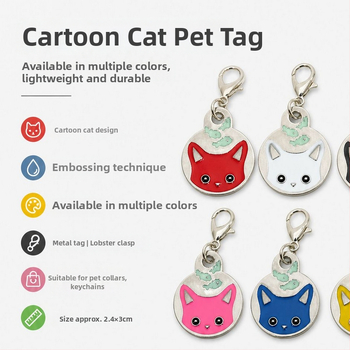 Etichetă pentru zgardă de animale de companie cu QR, pisică și pește în stil desen animat, email multicolor, anti-pierdere