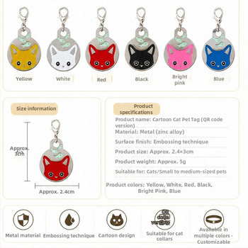 Etichetă pentru zgardă de animale de companie cu QR, pisică și pește în stil desen animat, email multicolor, anti-pierdere
