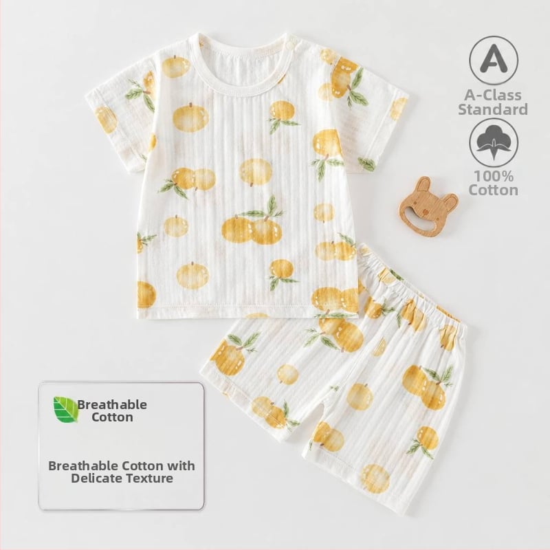 Set de vară pentru bebeluți din bumbac voal: două piese, tricou cu mânecă scurtă și pantaloni scurți, pijama