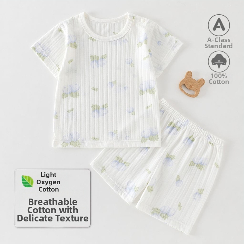 Set de vară pentru bebeluți din bumbac voal: două piese, tricou cu mânecă scurtă și pantaloni scurți, pijama