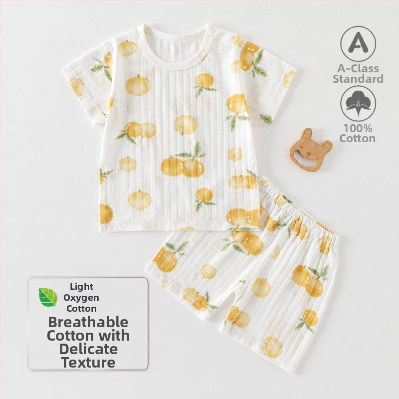 Set de vară pentru bebeluți din bumbac voal: două piese, tricou cu mânecă scurtă și pantaloni scurți, pijama