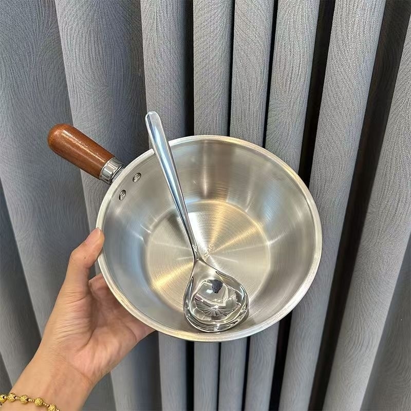 Oală din oțel inoxidabil pentru o porție, oală mică cu lemn de piersic pentru gustări, mică oală de gătit, oală pentru mâncare pentru copii și lapte