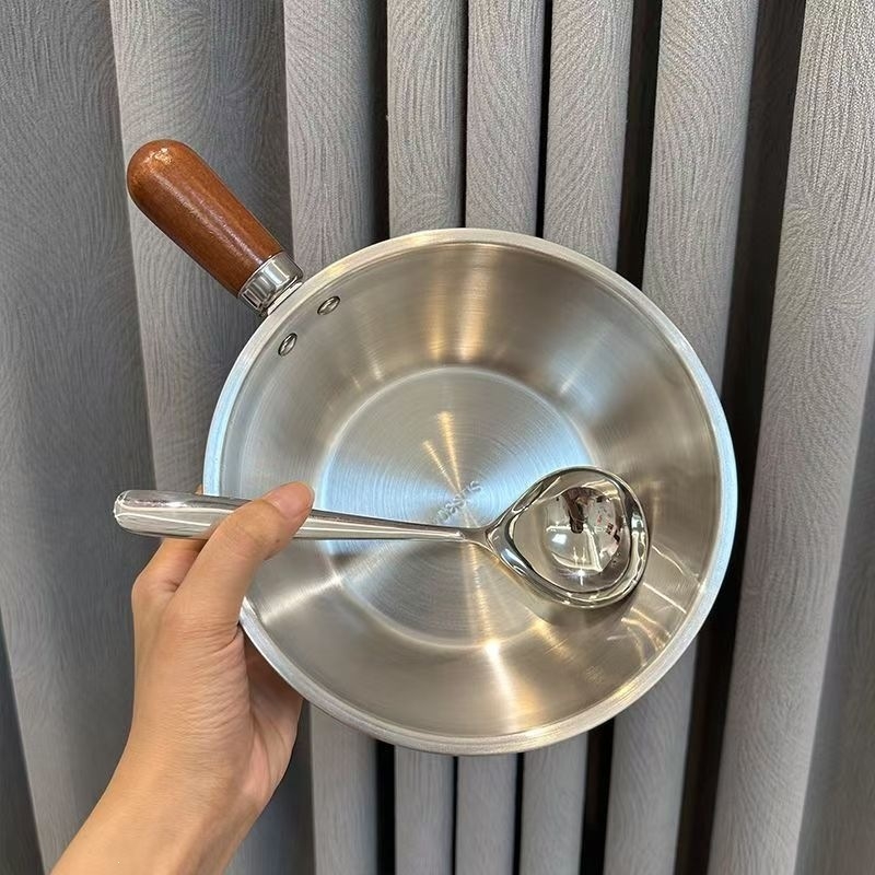 Oală din oțel inoxidabil pentru o porție, oală mică cu lemn de piersic pentru gustări, mică oală de gătit, oală pentru mâncare pentru copii și lapte