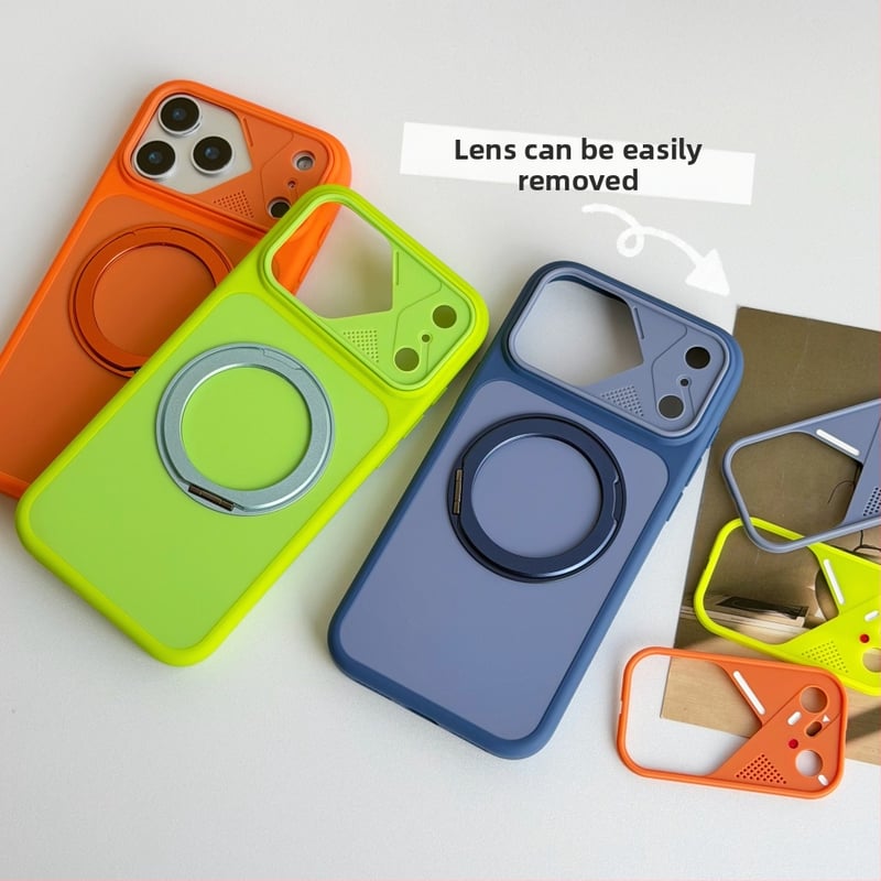 Suport magnetic rotativ la 360° cu design color-block, pentru husă iPhone 17 și iPhone 18 Pro Max, textură de piele