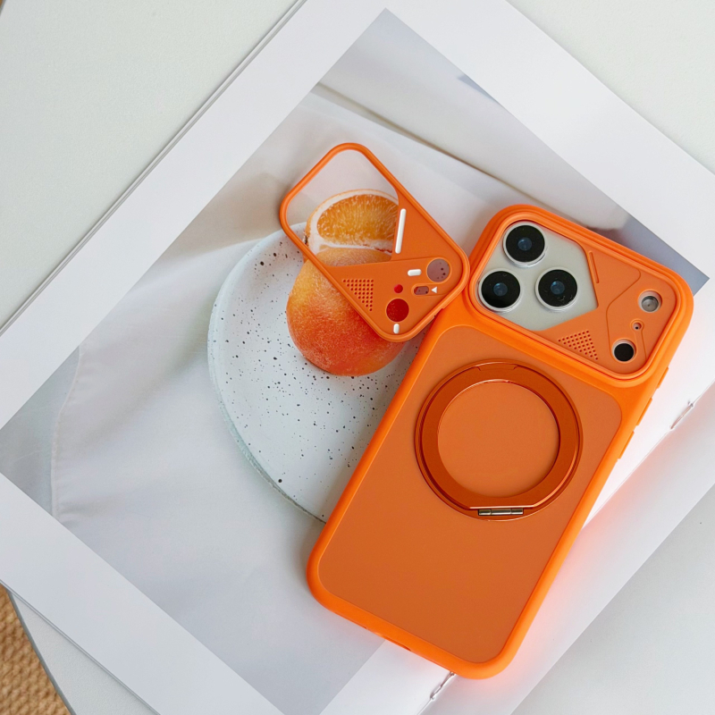 Suport magnetic rotativ la 360° cu design color-block, pentru husă iPhone 17 și iPhone 18 Pro Max, textură de piele