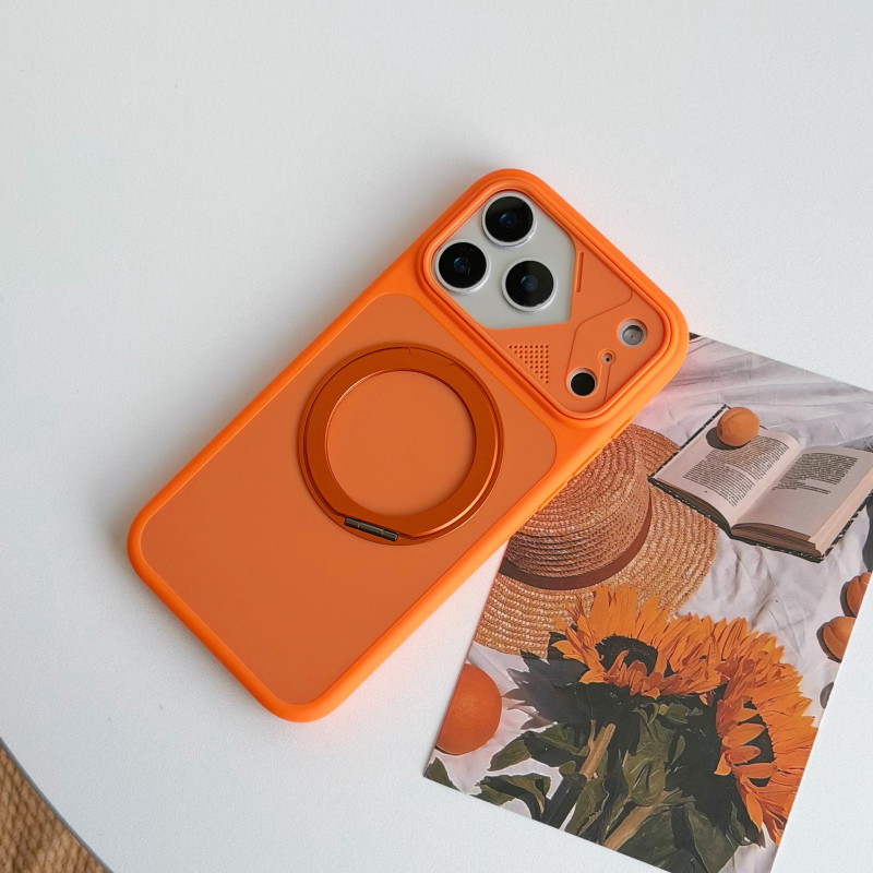 Suport magnetic rotativ la 360° cu design color-block, pentru husă iPhone 17 și iPhone 18 Pro Max, textură de piele