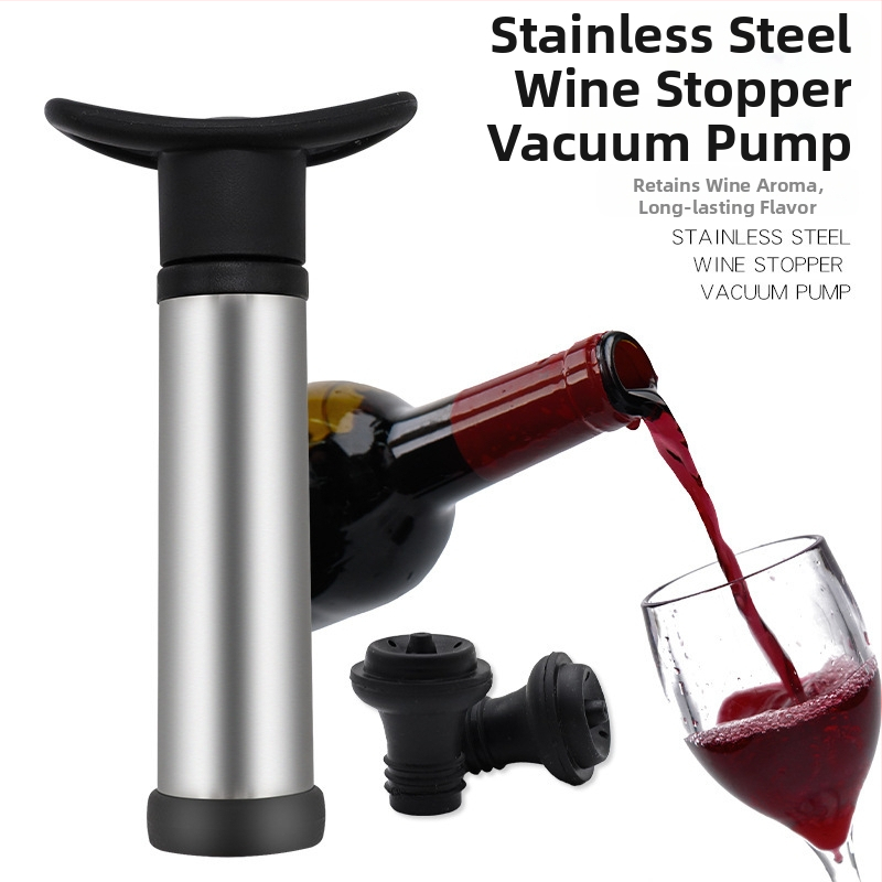 Dop de vin din oțel inoxidabil, pompă vid – set cu două dopuri pentru conservarea vinului roșu
