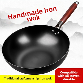 Tigaie wok mini din fier, antiaderentă, compatibilă cu plita cu inducție, diametru 30 cm