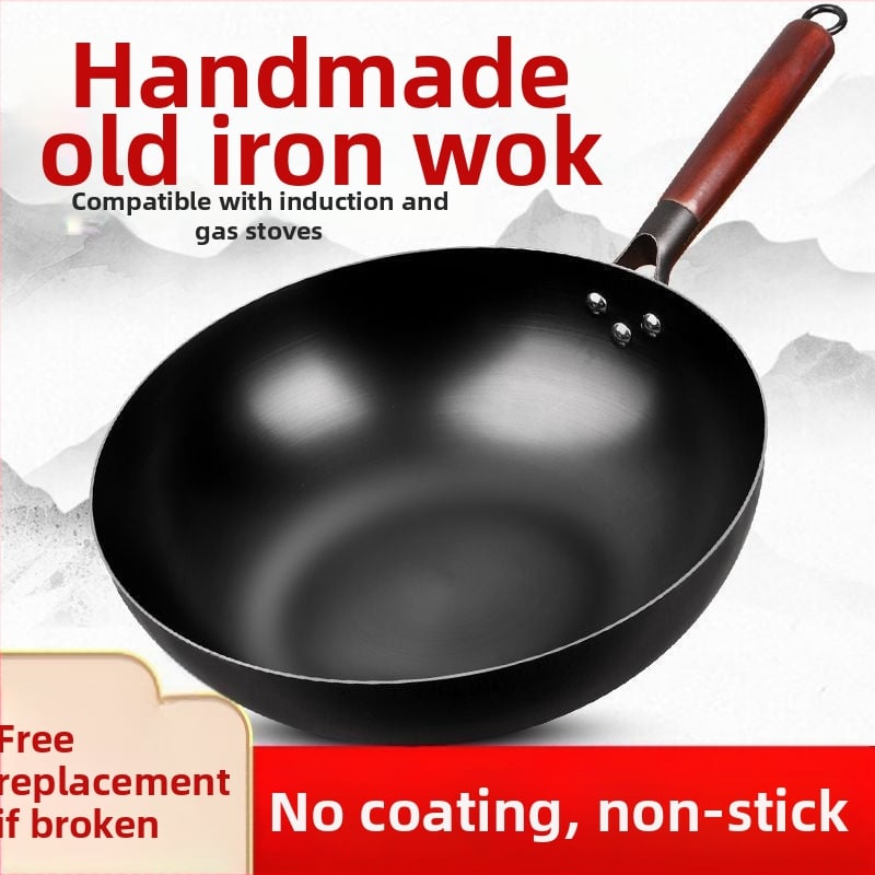 Tigaie wok mini din fier, antiaderentă, compatibilă cu plita cu inducție, diametru 30 cm