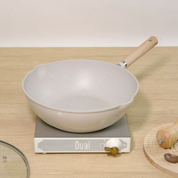 Wok cu piatră Maifan, antiaderent, fund plat și profund, pentru fripturi, capac de sticlă, design elegant