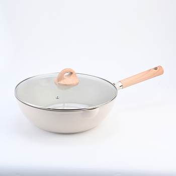 Wok cu piatră Maifan, antiaderent, fund plat și profund, pentru fripturi, capac de sticlă, design elegant