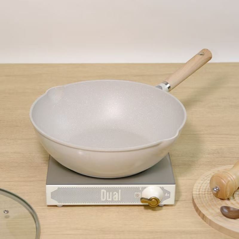 Wok cu piatră Maifan, antiaderent, fund plat și profund, pentru fripturi, capac de sticlă, design elegant