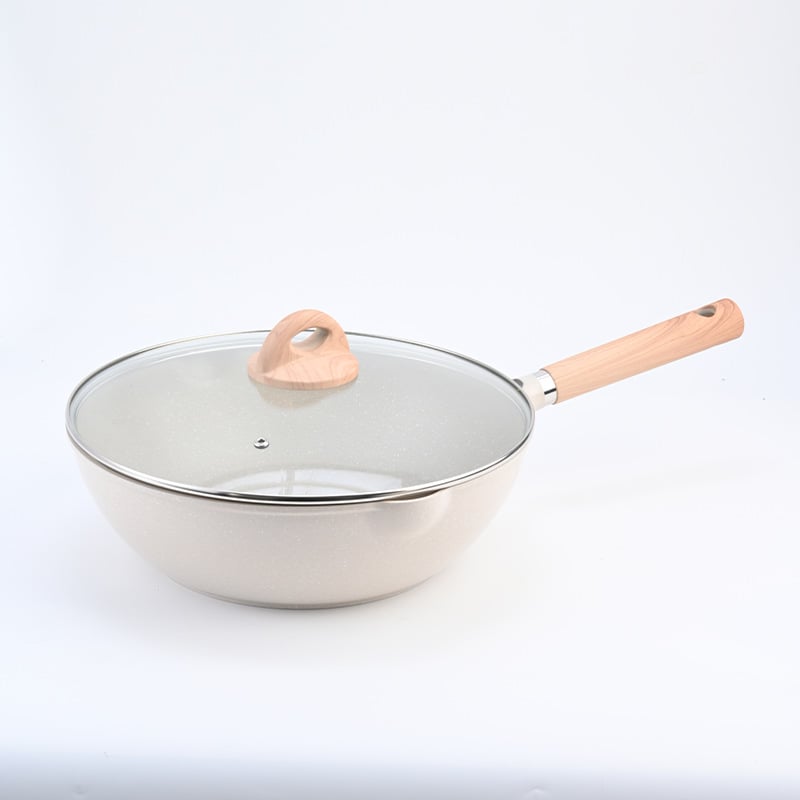 Wok cu piatră Maifan, antiaderent, fund plat și profund, pentru fripturi, capac de sticlă, design elegant