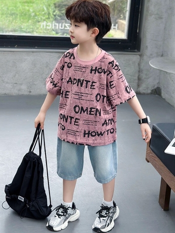 Set de vară pentru băieți, două piese: tricou cu mâneci scurte și pantaloni scurți din denim, stil coreean