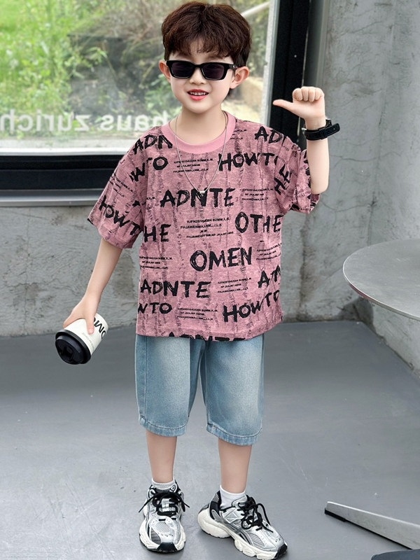 Set de vară pentru băieți, două piese: tricou cu mâneci scurte și pantaloni scurți din denim, stil coreean